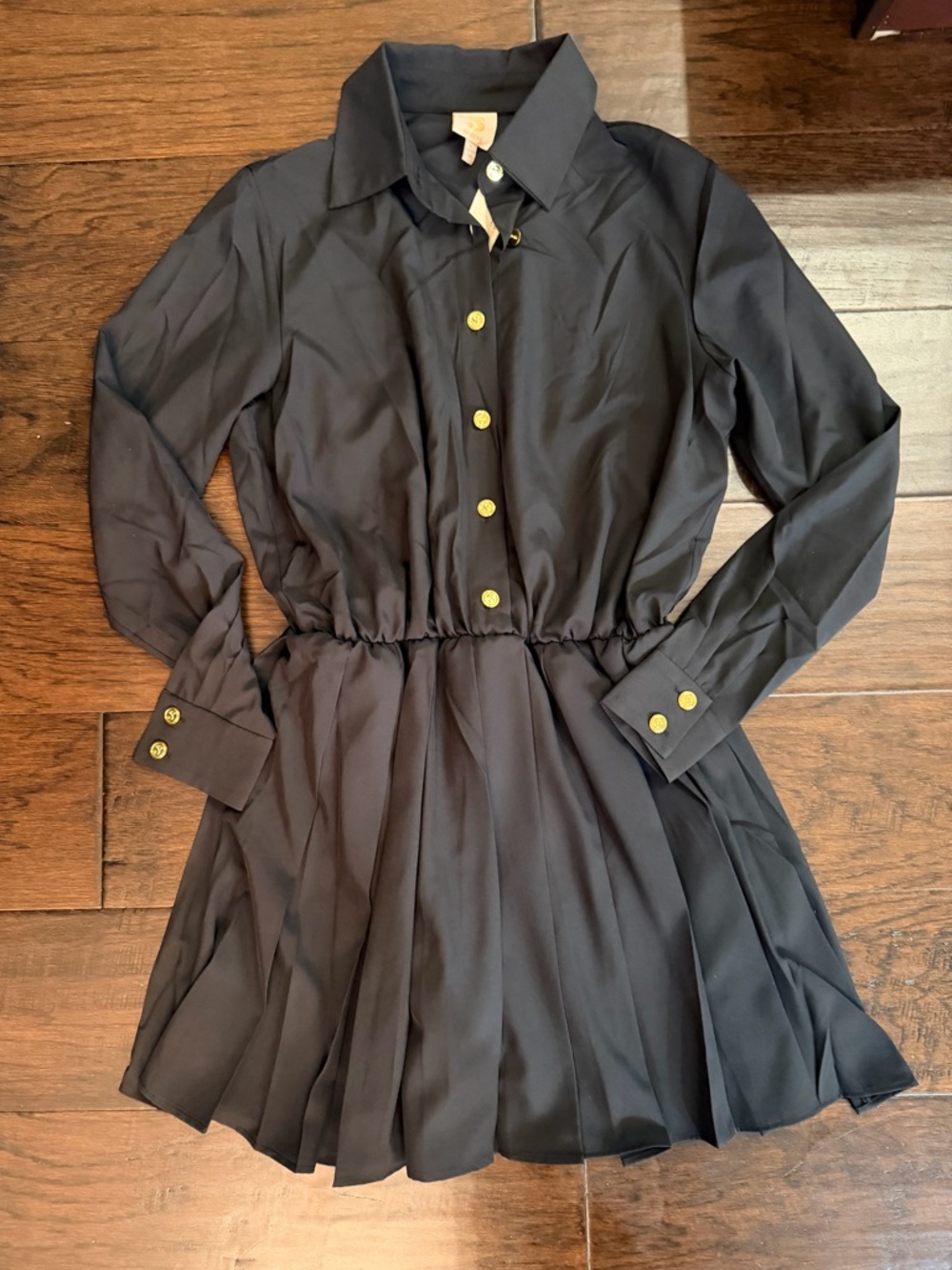 S by Serena Black Long-Sleeve Pleated Shirt Dress with Gold Buttons